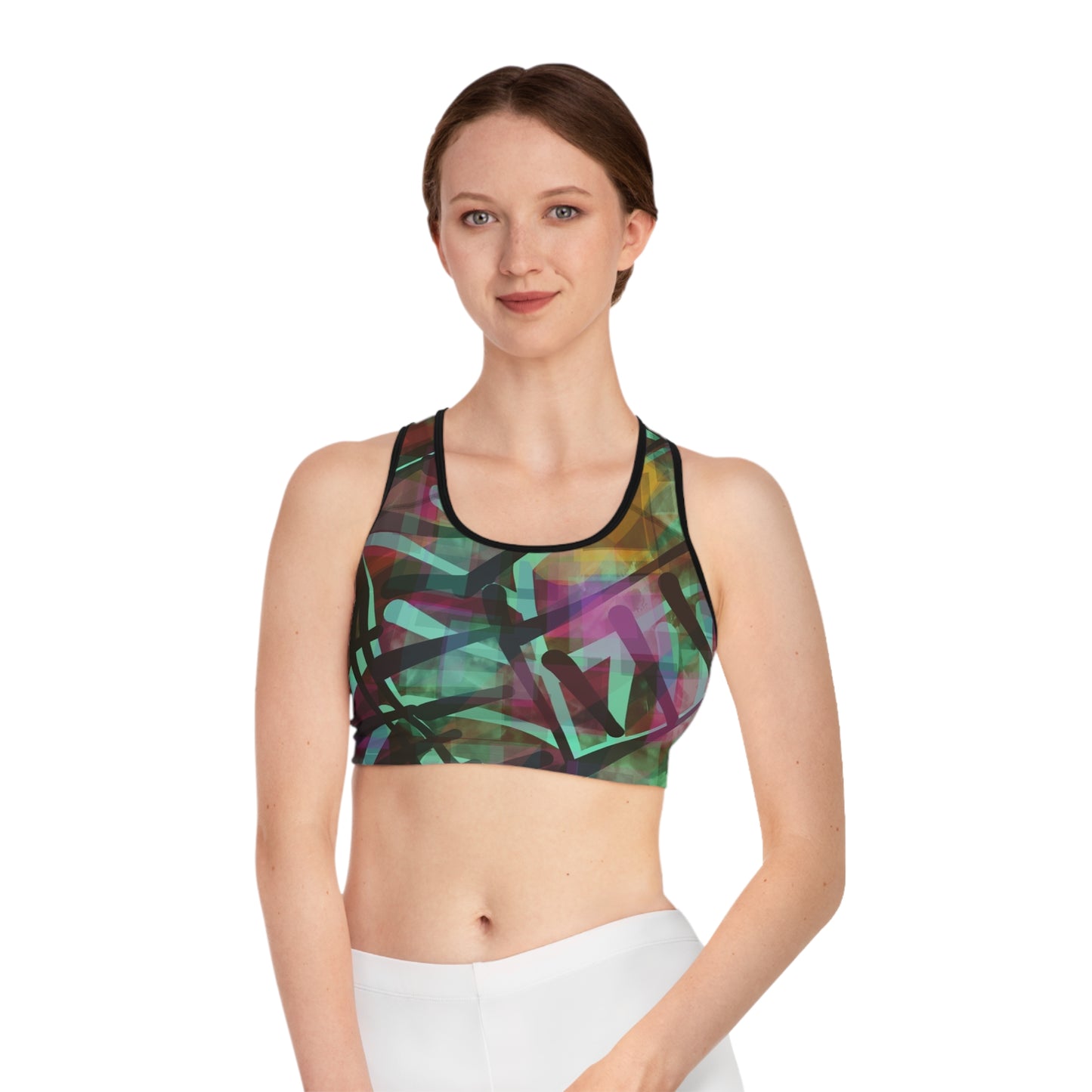 Nico: Vibrant Abstract Sports Bra for Active Women, Chic Workout Gear, Dance Top, Fitness, Gym, Fashion, Exercise Wear