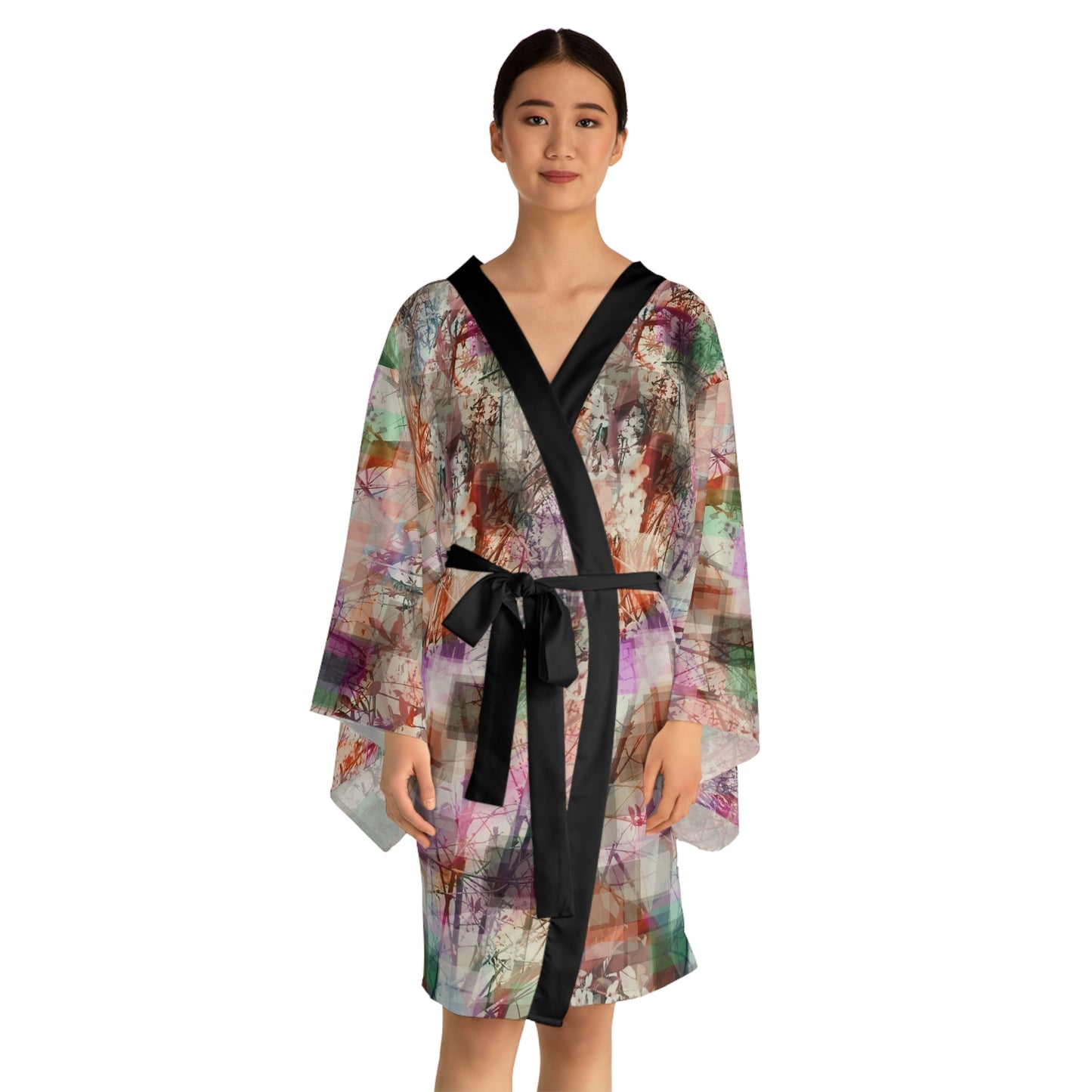 Dorothy II:  Blk Trim Bohemian Long Sleeve Kimono Robe - Elegant Floral Design for Relaxation & Style