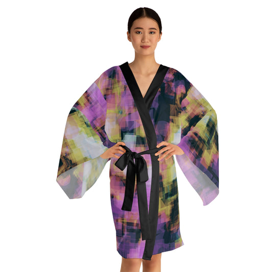 Sheena II:  Blk Trim Chic Long Sleeve Kimono style Robe - Colorful Abstract Design, Perfect for Lounging and Relaxation