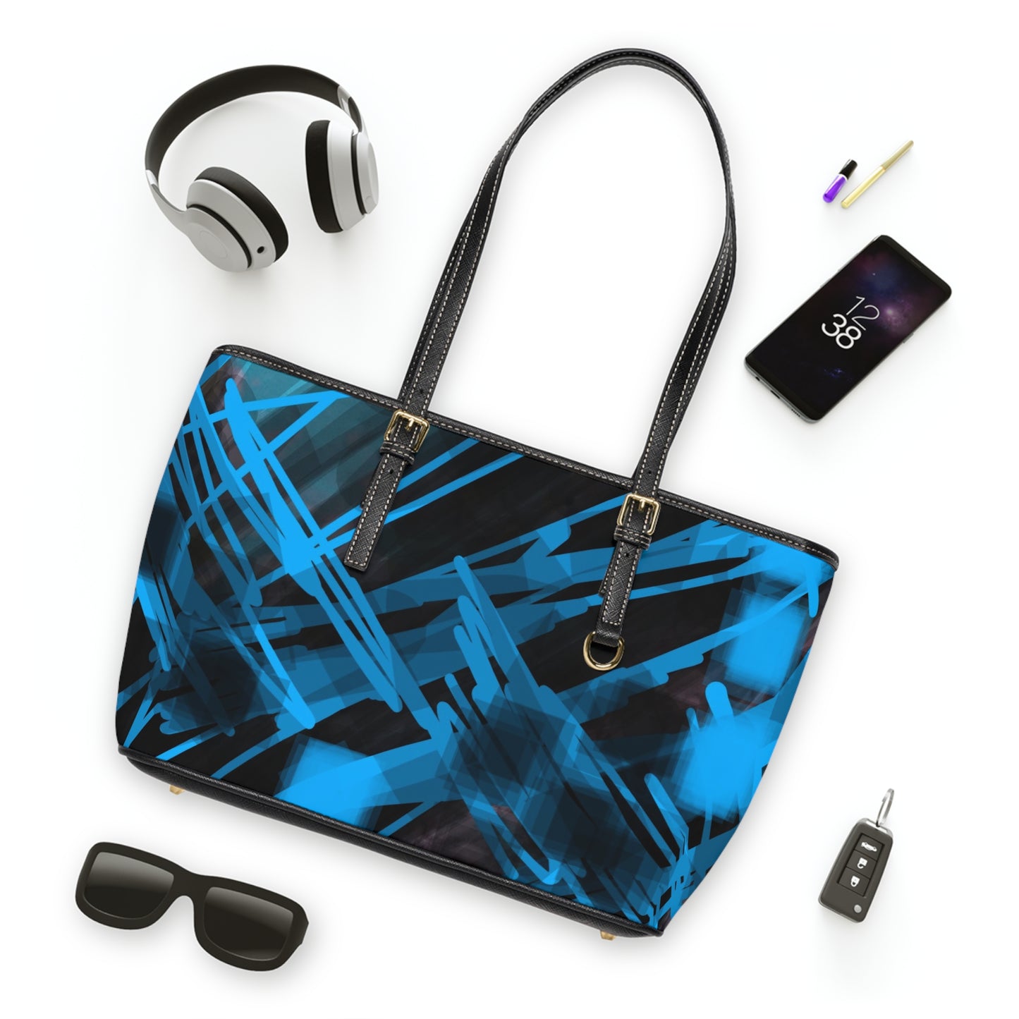 Goodie:  Vibrant PU Leather Shoulder Bag – Stylish Blue Abstract Design