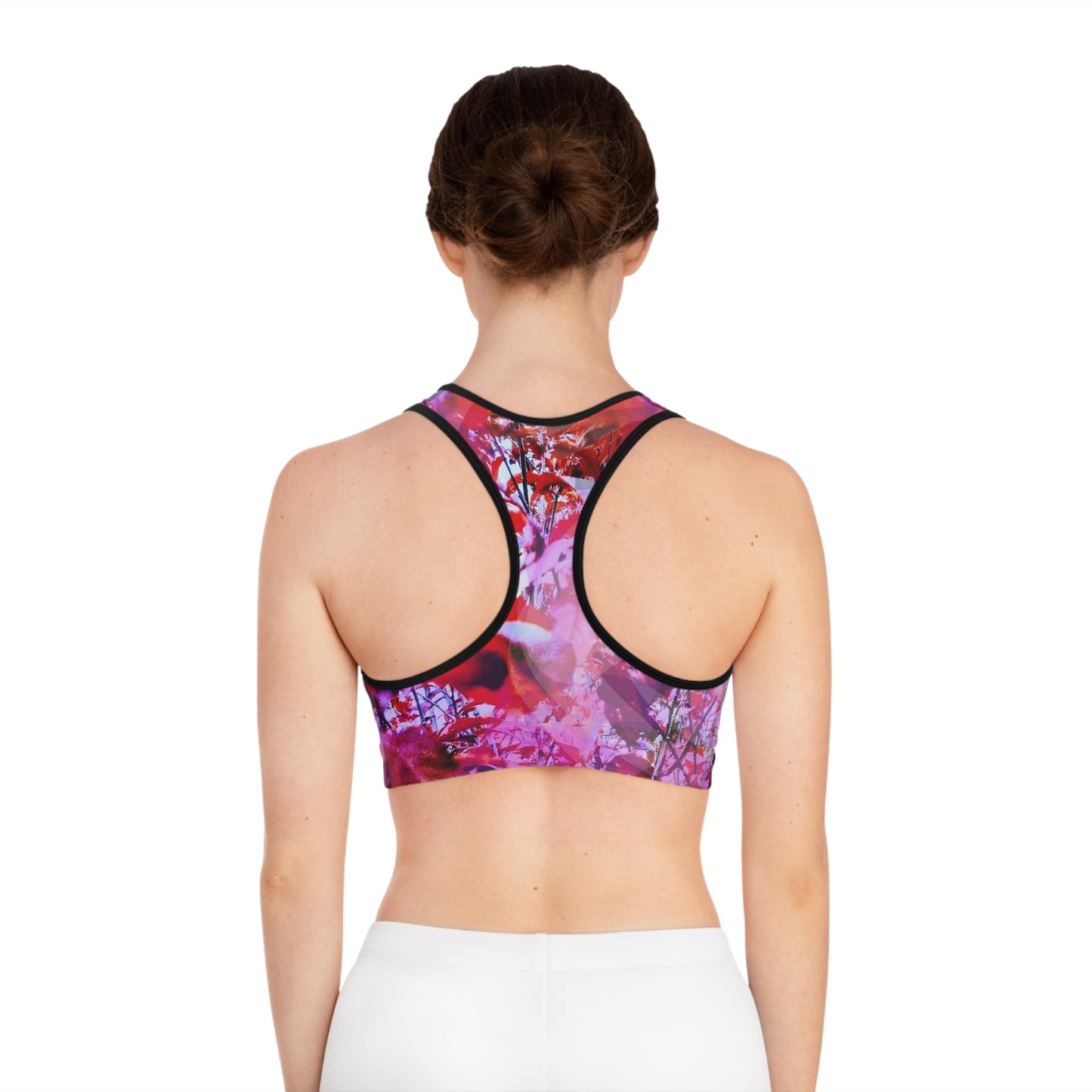 Garnet I:  Blk Trim; Nature Lovers Sports Bra, Chic Design, Red & Violet Tones Activewear