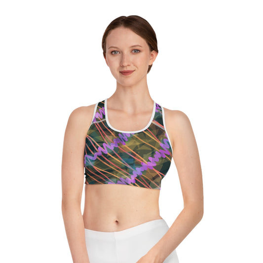Ava:  White Trim Colorful Abstract Sports Bra for Active Lifestyle