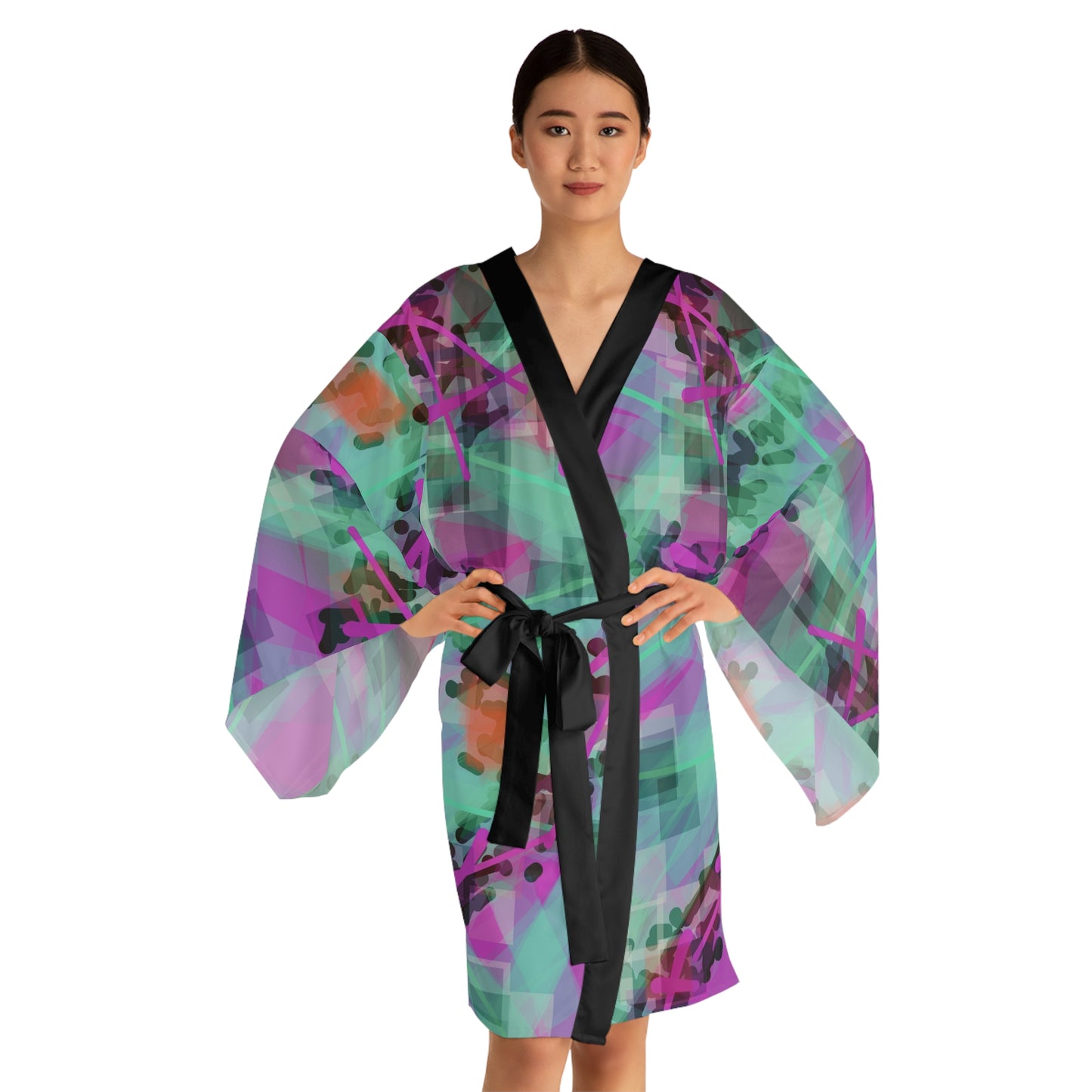 Hi Norma II:  Blk Trim Vibrant Long Sleeve Kimono Robe - Perfect for Relaxation and Celebrations
