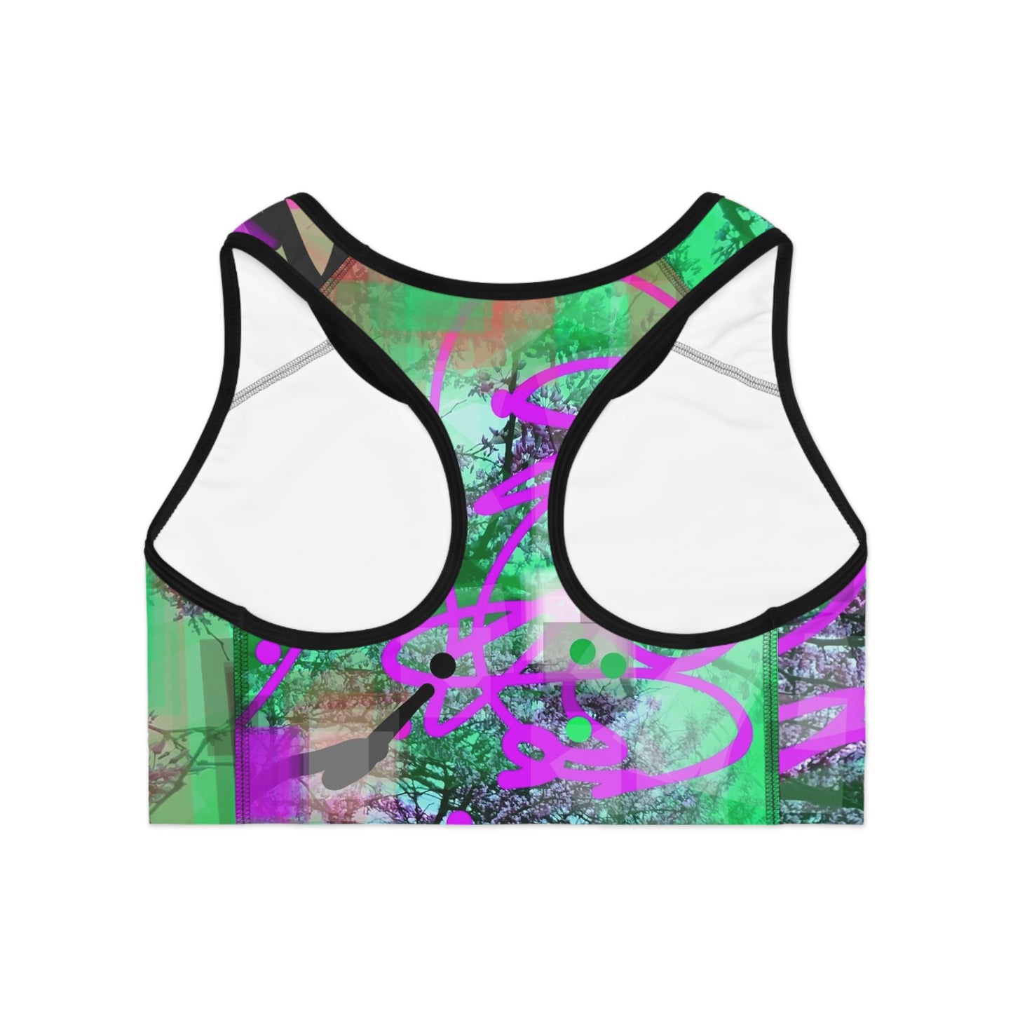Cyd II:  Blk Trim Vibrant Abstract Sports Bra with Artistic Design