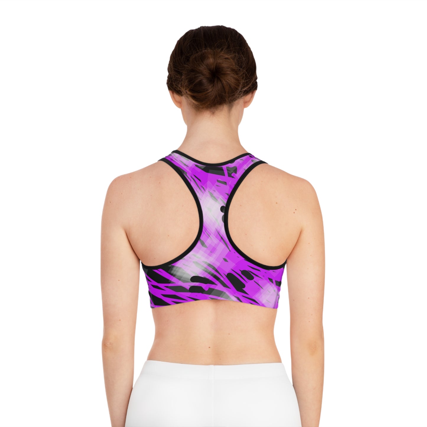 Juliet-Marie II:   BLK Trim; Vibrant Pattern Sports Bra - Trendy Activewear for Fitness Enthusiasts