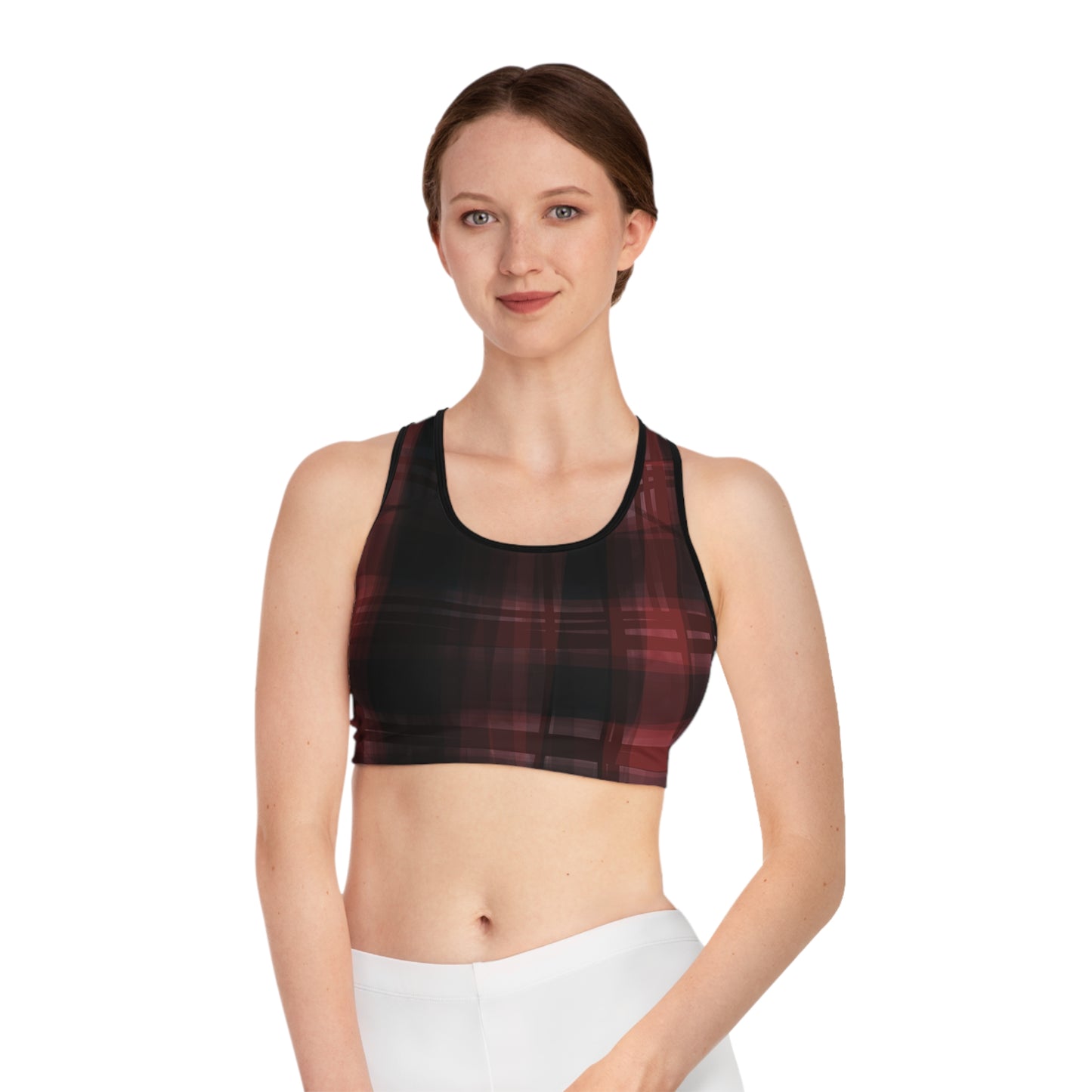 Mechelle II: BLK Trim Bold Black and Red Plaid Sports Bra for Active Women