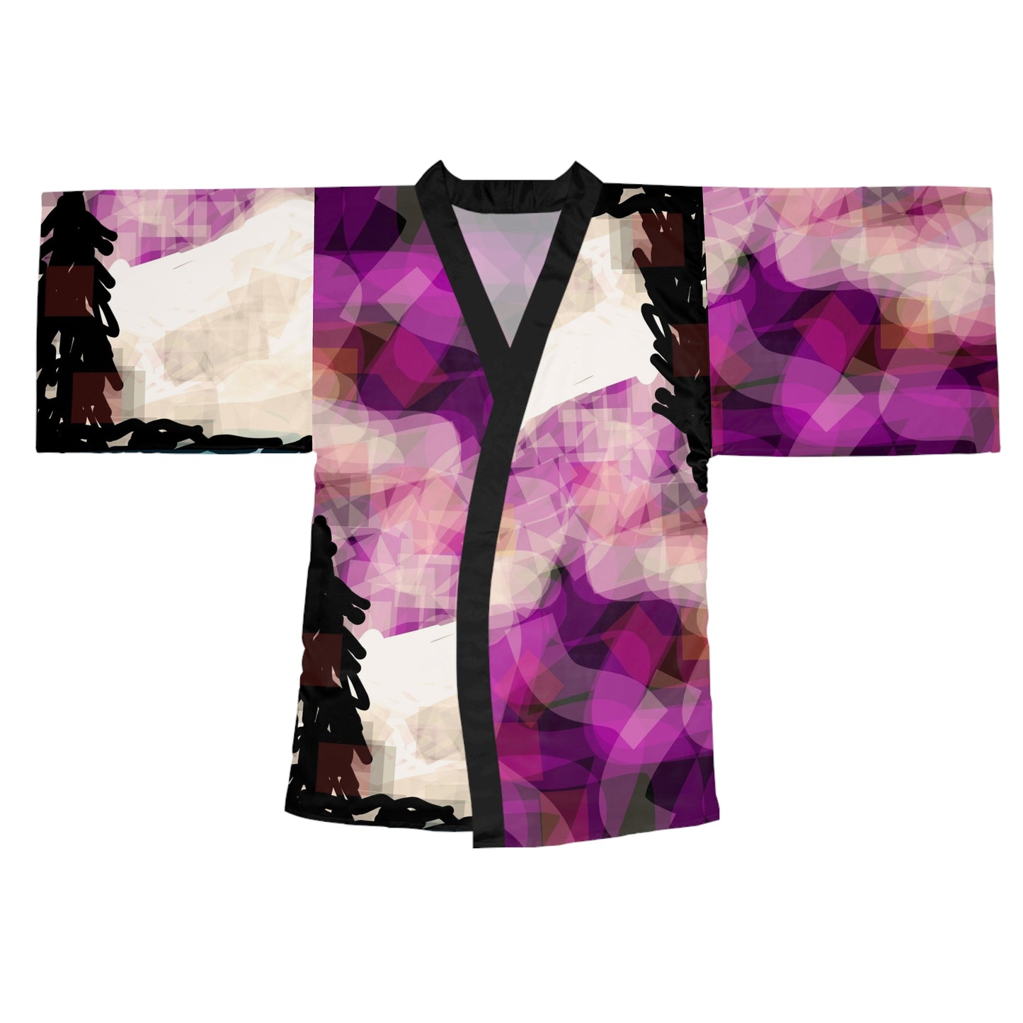 Earth Realms III:  Black Trim Vibrant Floral Long Sleeve Kimono Robe - Elegant Lounge Wear for Relaxation