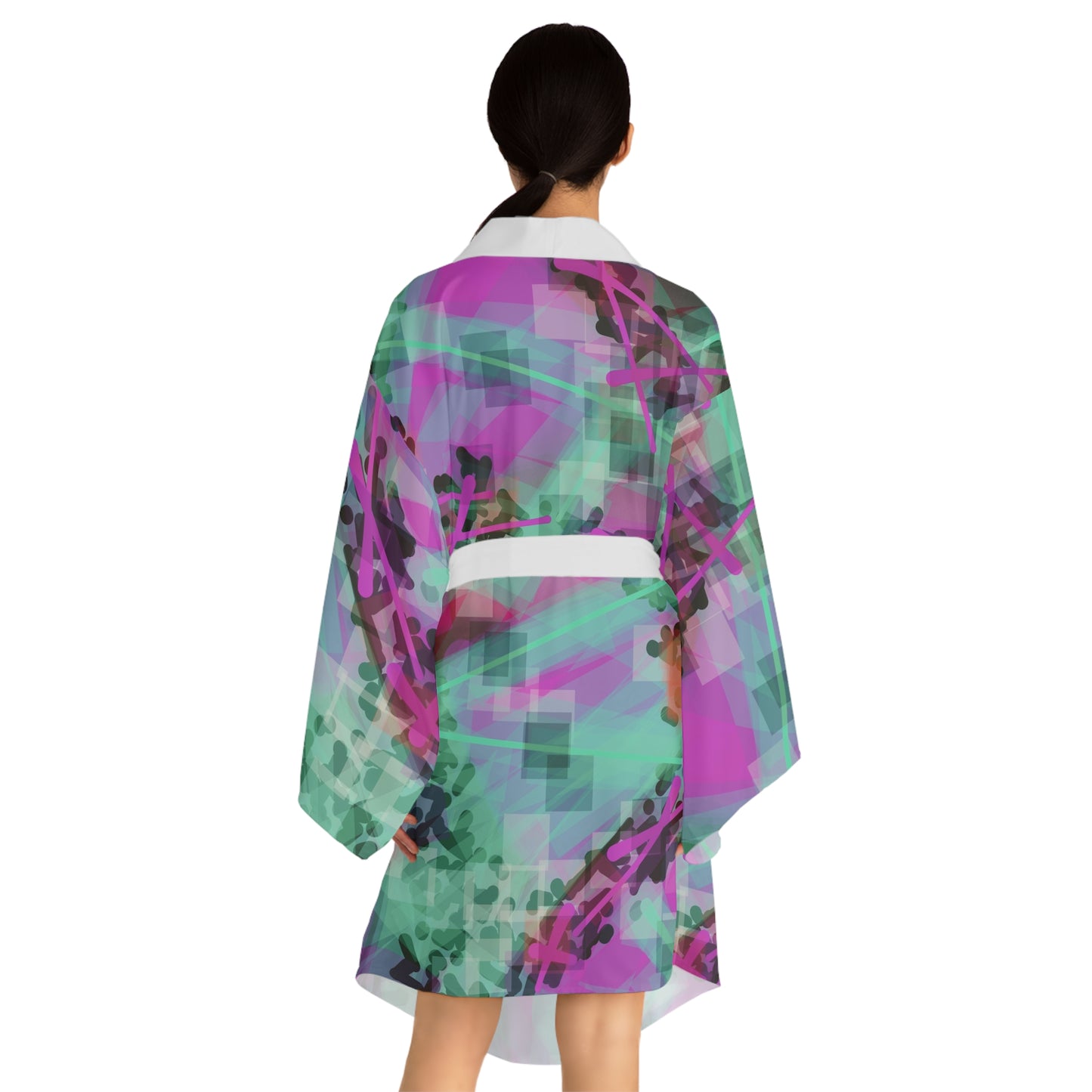 Hi Norma II: White Trim Colorful Abstract Long Sleeve Kimono Robe | Trendy Cover-Up for Relaxation