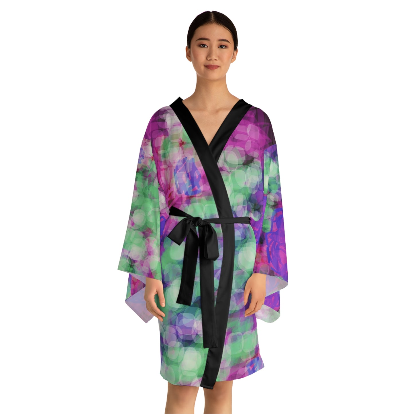 Eden Love:  Kimono Style Robe – Purple & Mint All-Over Print