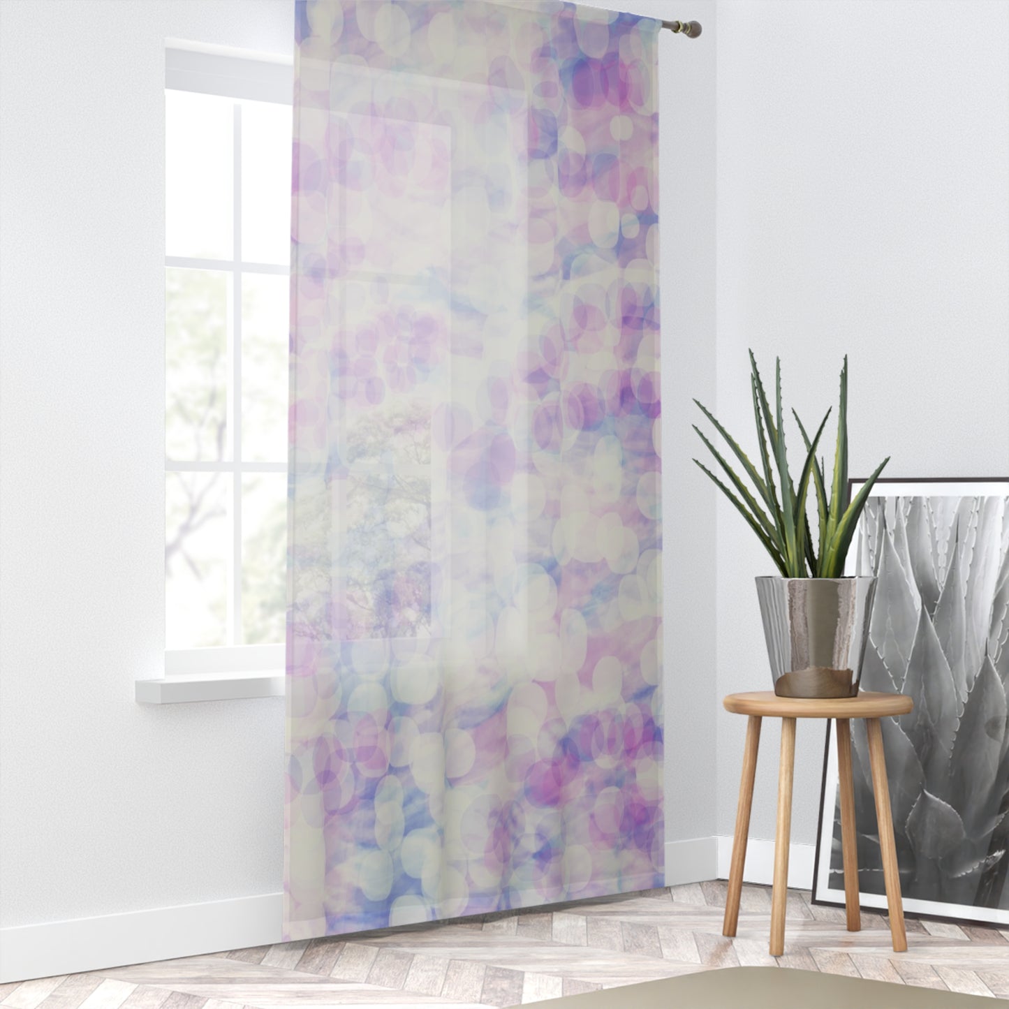 Sprite: Sheer Pastel Bokeh Window Curtain — Soft Lavender & Blue Sheer Drapes