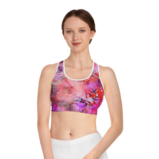 Garnet II: WH Trim; Lovely Red & Violet Tones Sports Bra (AOP), Nature Lovers
