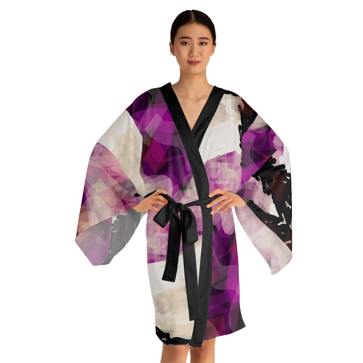 Earth Realms III:  Black Trim Vibrant Floral Long Sleeve Kimono Robe - Elegant Lounge Wear for Relaxation