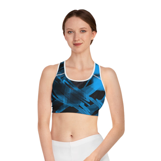 Goodie I: WH Trim; Bold Blue Abstract Sports Bra for Activewear Enthusiasts
