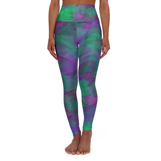 Gong:  Vitality High Waisted Leggings - Abstract Green & Purple Design, Casual Chic Fashion for Active Lifestyle