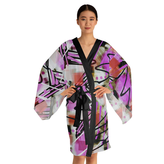 Annabella:  Chic Abstract Long Sleeve Kimono Robe - Stylish Cover-Up for Relaxation and Everyday Wear