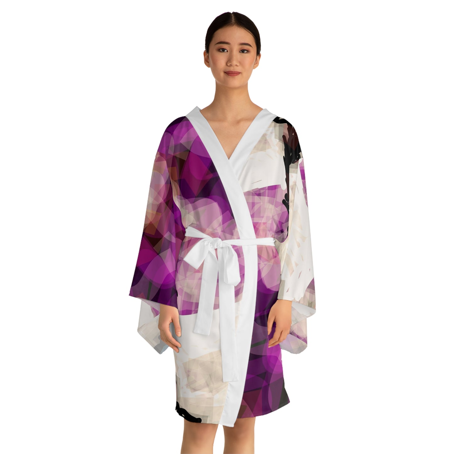 Earth Realms II:  White Trim Artistic Long Sleeve Kimono Robe - Cozy Layer for Relaxation & Style