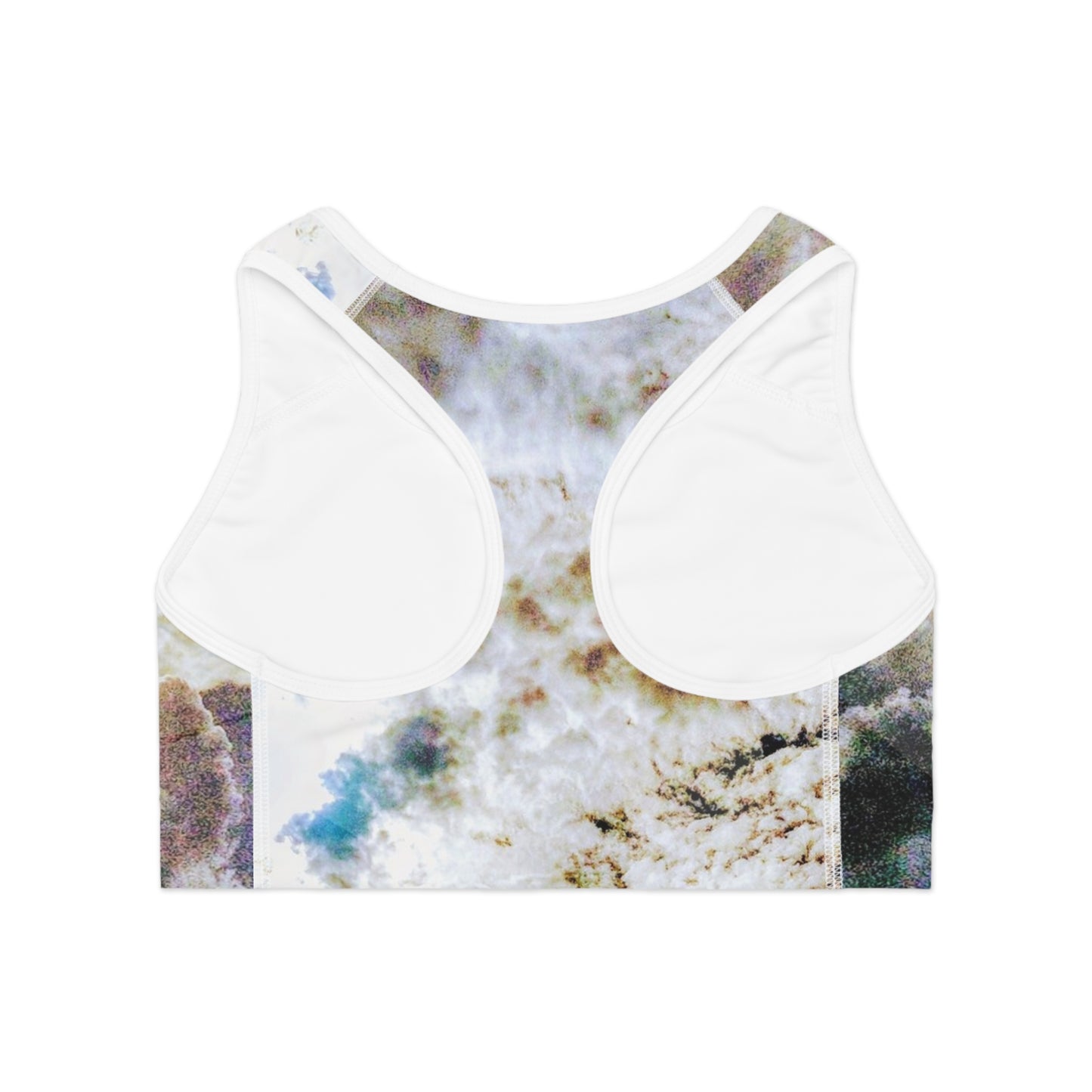 Portalis I: WH Trim; Ethereal Vibes Sports Bra, Activewear Top for Fitness, Running, Beach Days, Unique AOP Design