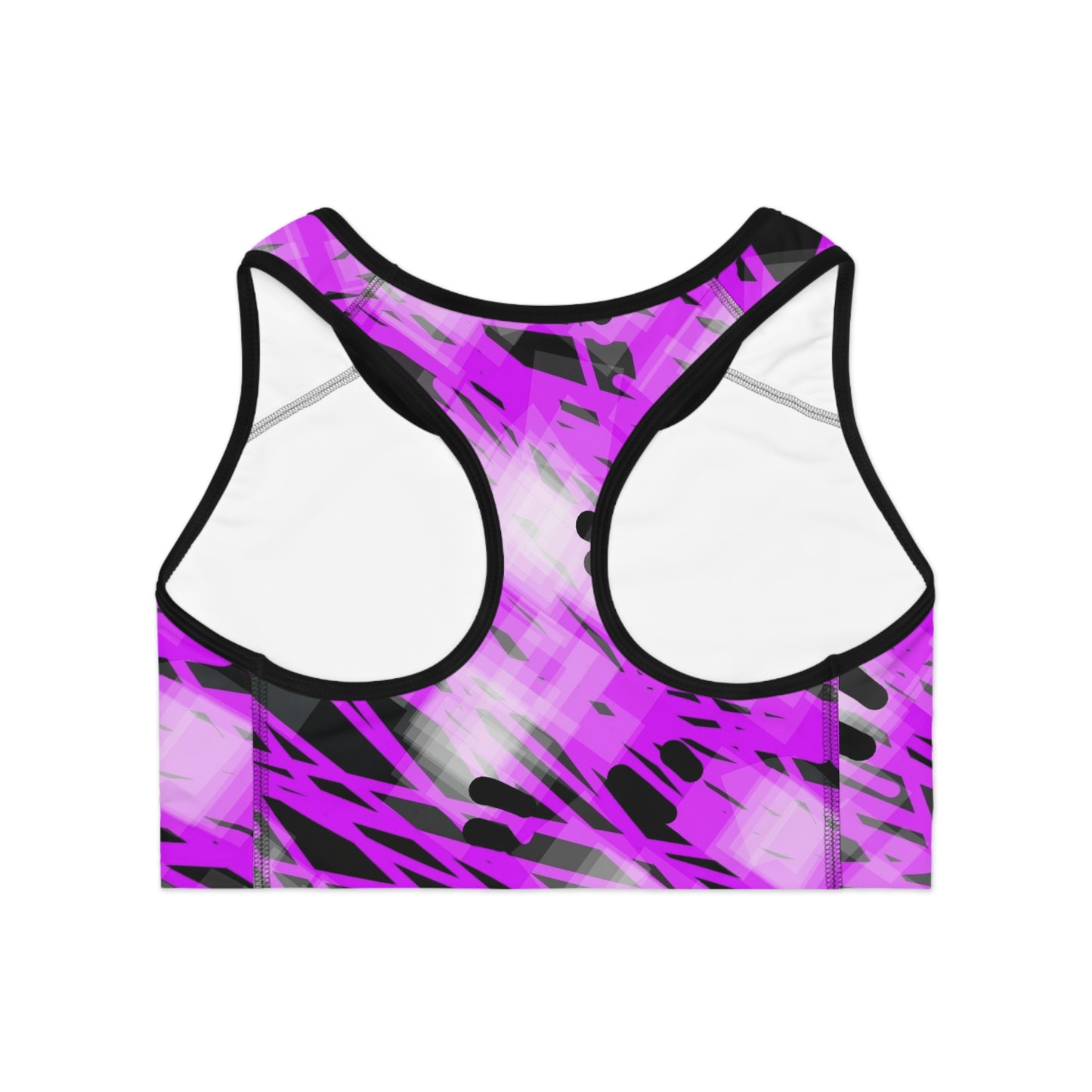 Juliet-Marie II:   BLK Trim; Vibrant Pattern Sports Bra - Trendy Activewear for Fitness Enthusiasts