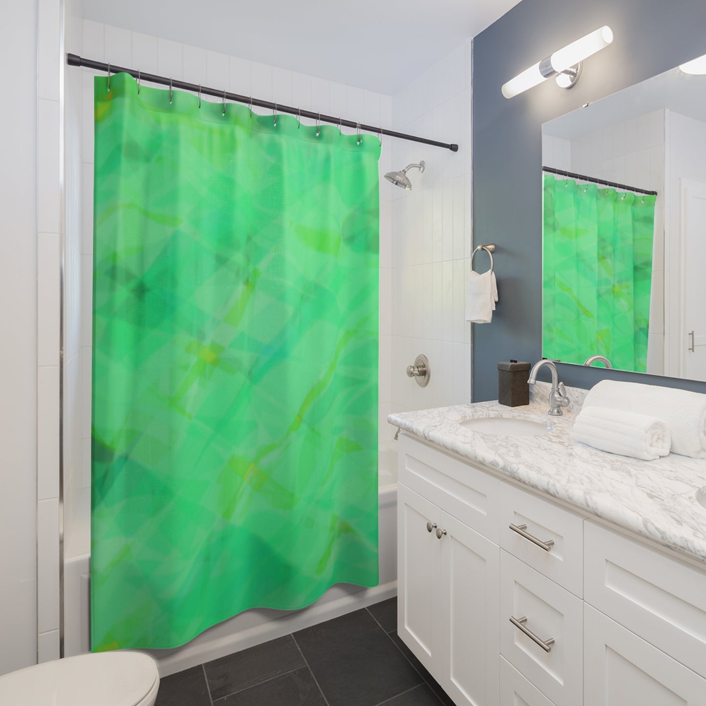 Elevation Station: Vibrant Green Shower Curtain, Modern Bathroom Decor, Eco-Friendly Home Accessory, Unique Gift for Housewarming, Relaxing Spa Vibes