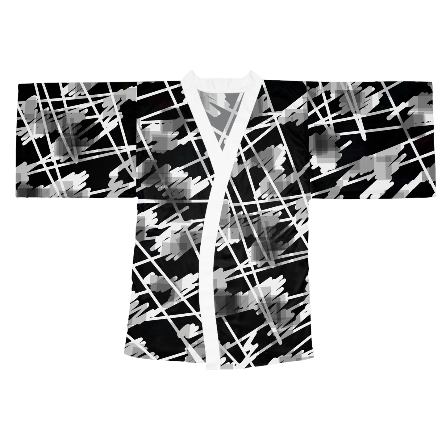 Nimue II:  Modern Black and White Long Sleeve Kimono Robe - Stylish Lounge Wear for Relaxation