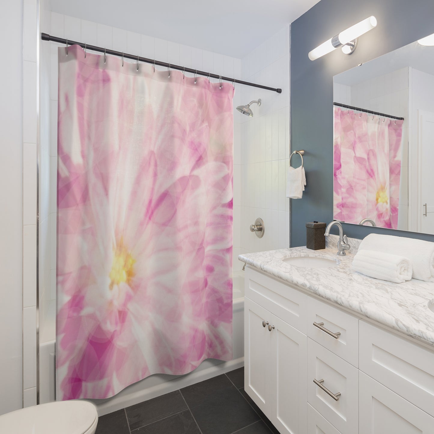 Yuki: Floral Blush Shower Curtain – Elegant Pink Floral Bathroom Décor