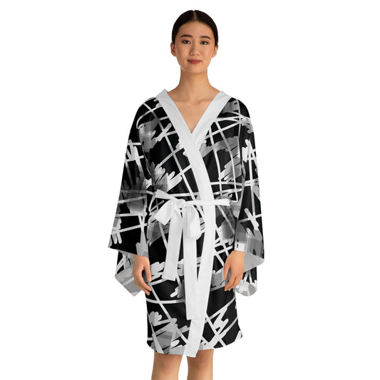 Nimue II:  Modern Black and White Long Sleeve Kimono Robe - Stylish Lounge Wear for Relaxation