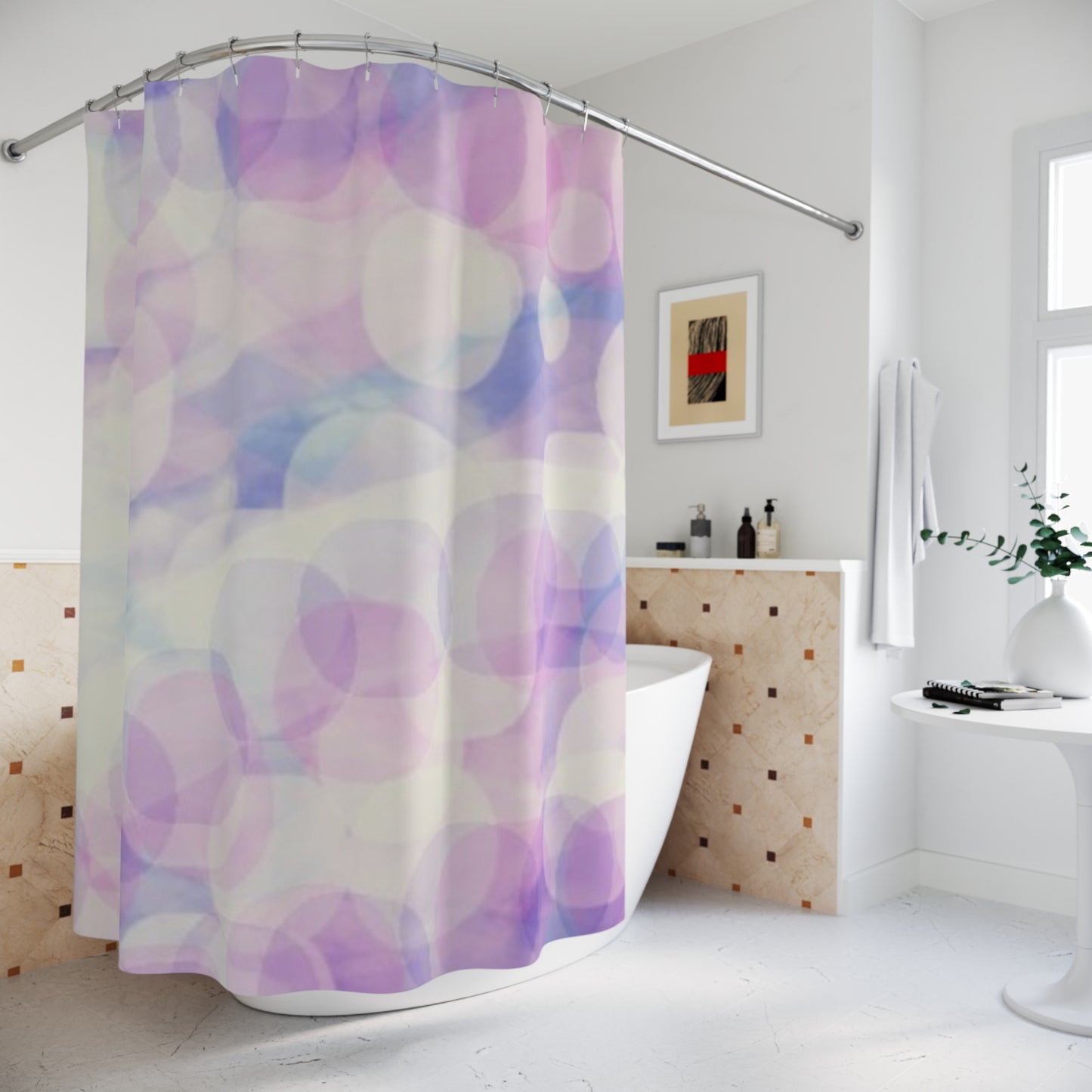Sprite: Pastel Bokeh Shower Curtain — Soft Lavender Abstract Bath Decor