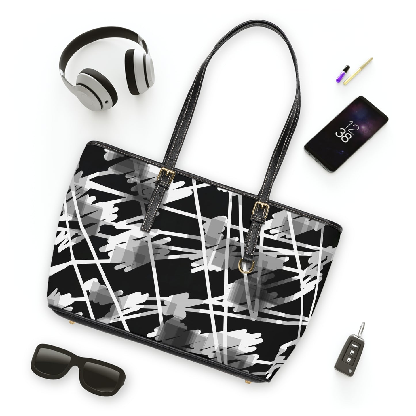 Nimue II:  Chic PU Leather Shoulder Bag - Modern Abstract Design in Black and gray and white