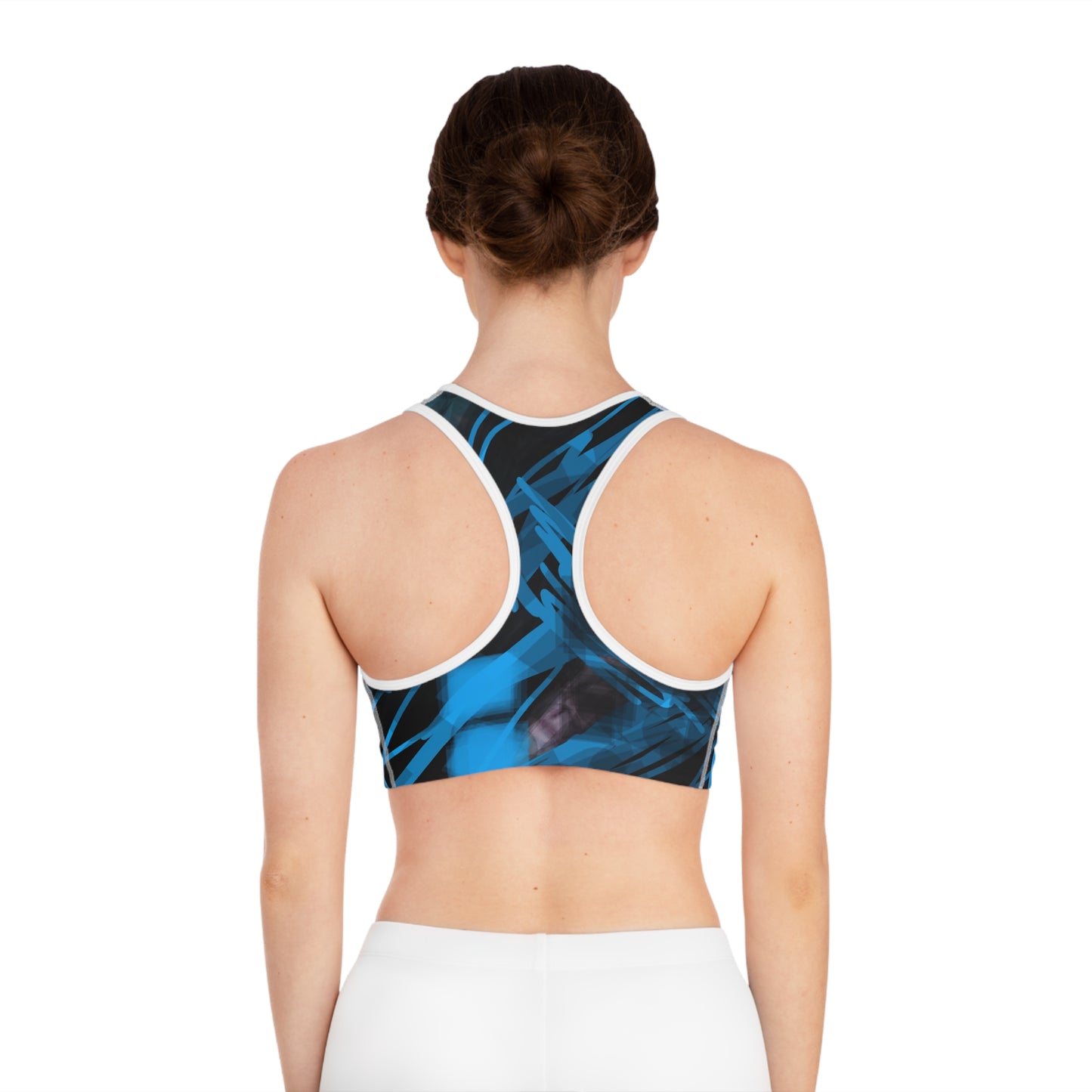 Goodie I: WH Trim; Bold Blue Abstract Sports Bra for Activewear Enthusiasts