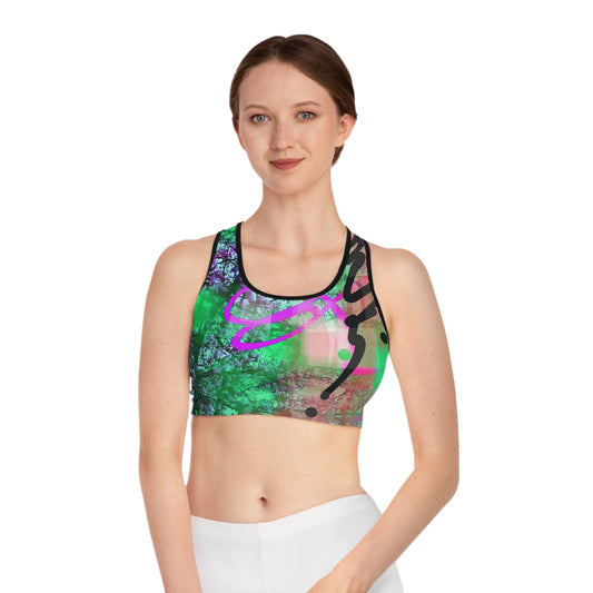 Cyd II:  Blk Trim Vibrant Abstract Sports Bra with Artistic Design
