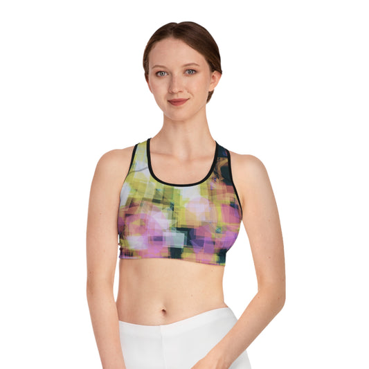 Sheena: Blk Trim; Vibrant Abstract Sports Bra - Colorful Workout Gear for Active Women