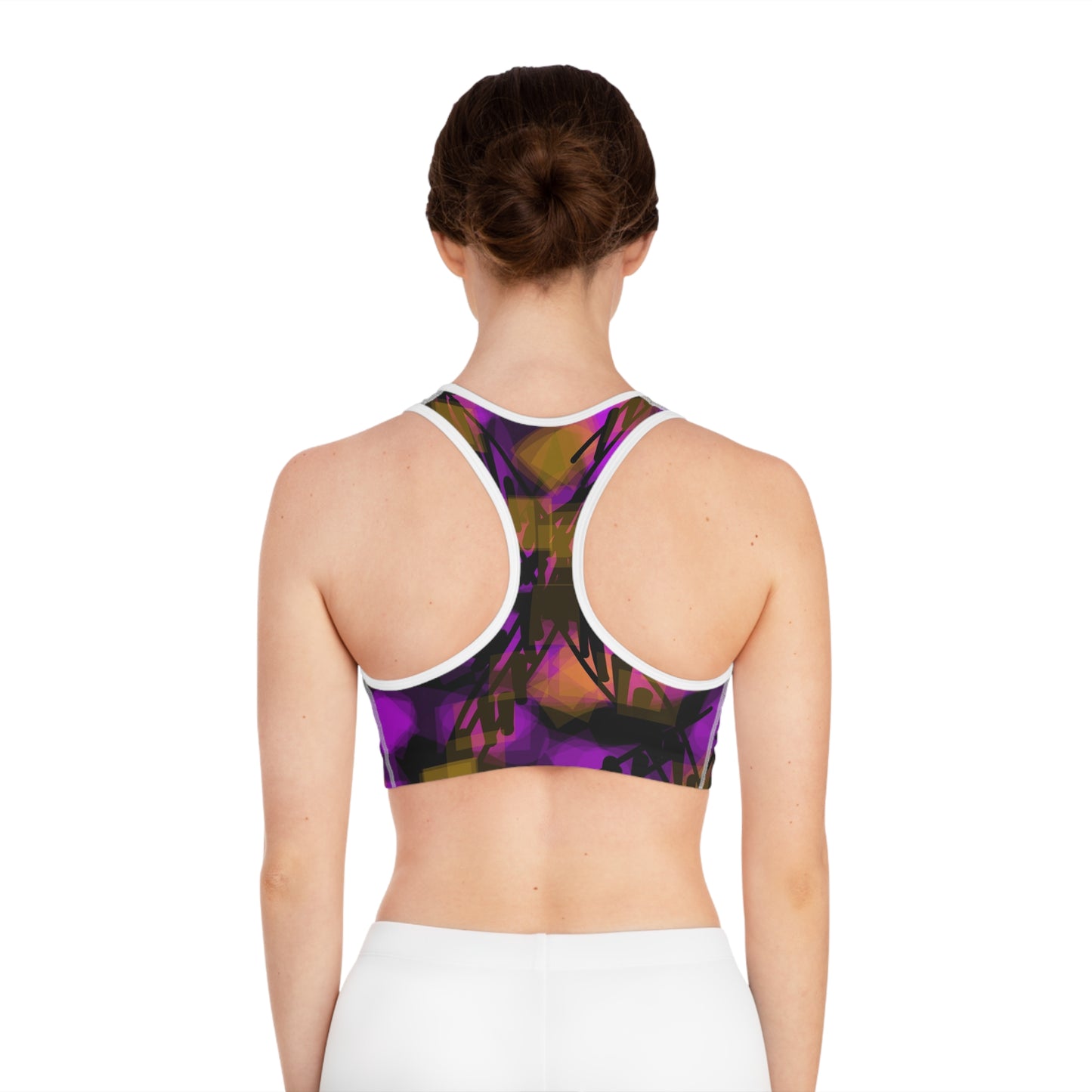 Nikita I:  WH Trim; Vibrant Abstract Sports Bra for Active Lifestyle