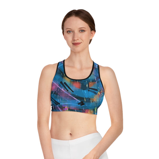 Louise: (Blk Trim) Vibrant 80's Vibes Abstract Sports Bra for Active Lifestyle, Workout Gear, Fitness Apparel, Dance Top, Gifts for Athletes