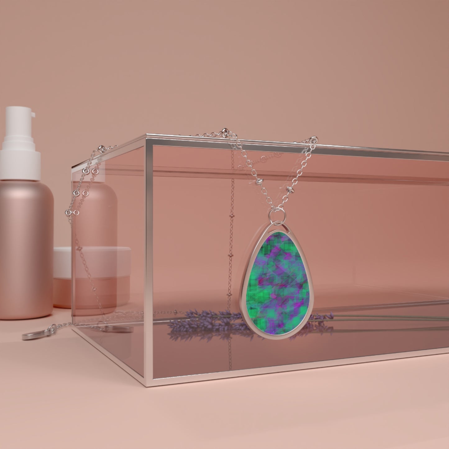 Gong:  Mystical Vibrant Abstract Art Oval Necklace - Colorful Gemstone Look Pendant for Elegant Style