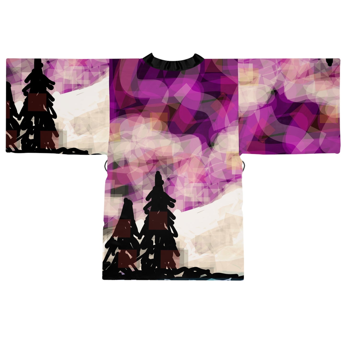 Earth Realms III:  Black Trim Vibrant Floral Long Sleeve Kimono Robe - Elegant Lounge Wear for Relaxation