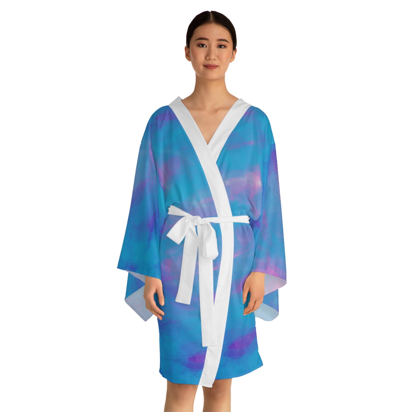 Sweet Dreams:   Serene Blue Long Sleeve Kimono Robe - Vibrant Comfort for Relaxation and Self-Care