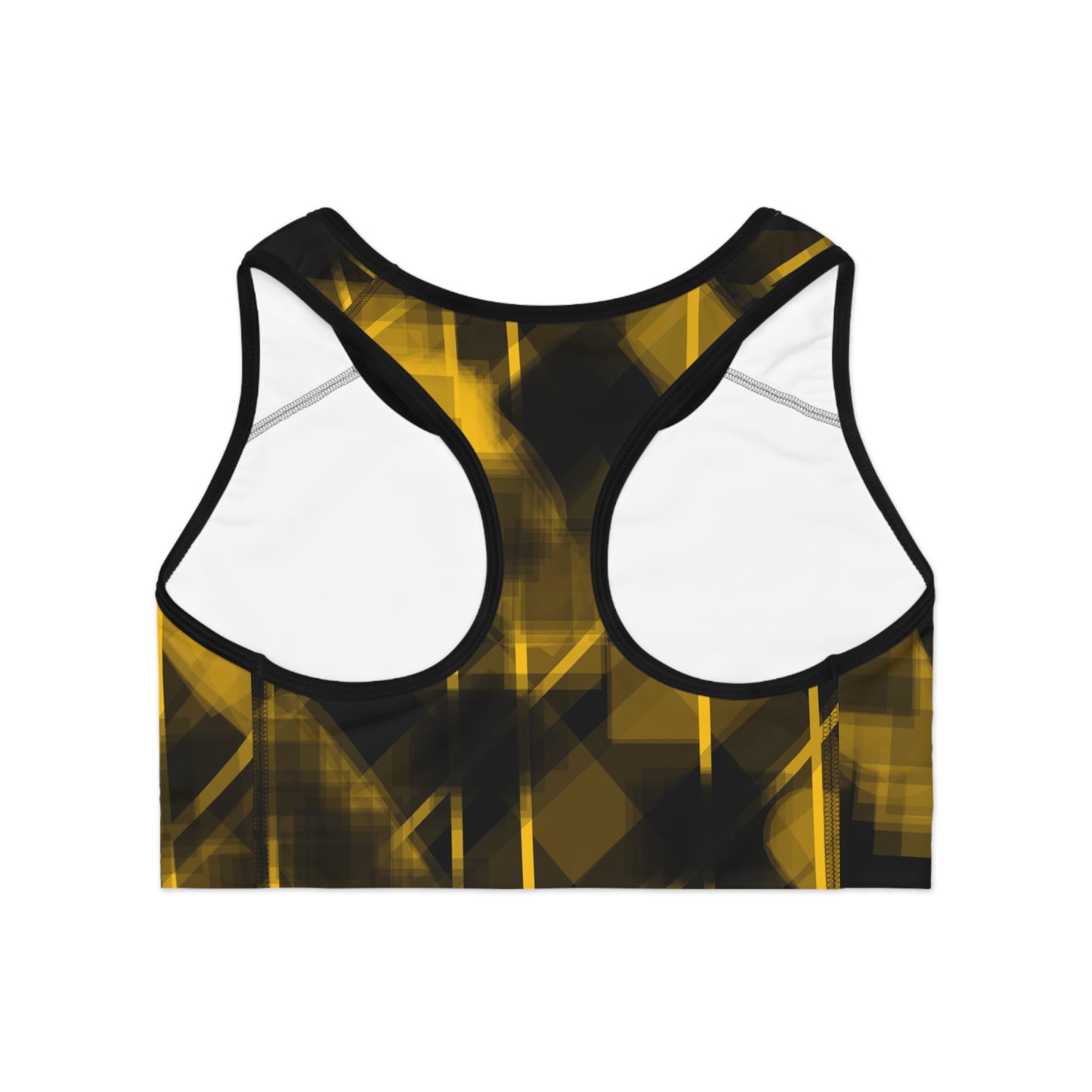 Olga II: BLK Trim Bold Yellow Abstract Sports Bra for Active Women