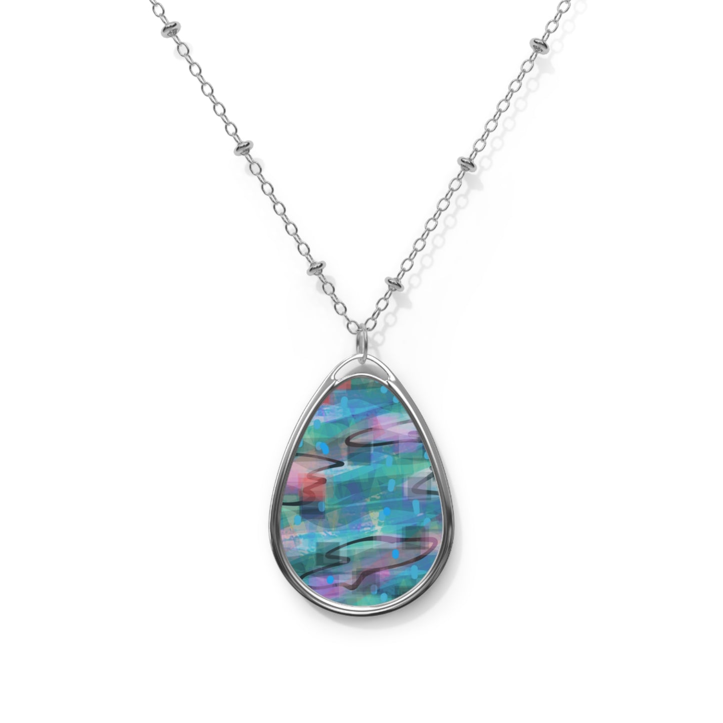 Rainbeats:  Soothing, Playful Abstract Art Oval Abstract Art Pendant Necklace - Unique Teardrop Jewelry for Ladies