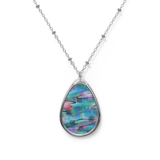 Rainbeats:  Soothing, Playful Abstract Art Oval Abstract Art Pendant Necklace - Unique Teardrop Jewelry for Ladies