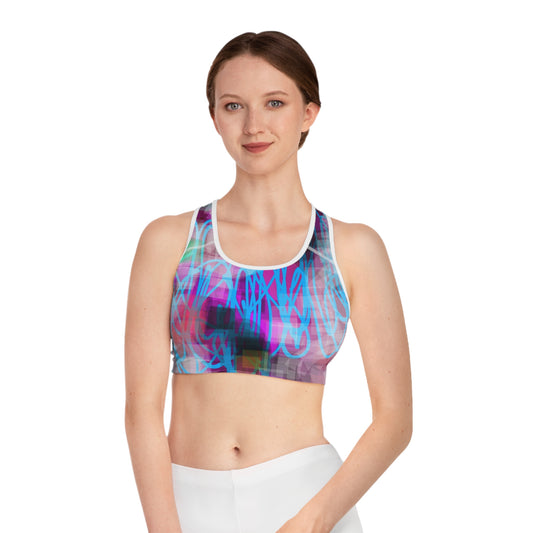 Mixed Cassette: WH Trim; Abstract Graffiti Sports Bra - Vibrant & Stylish Activewear