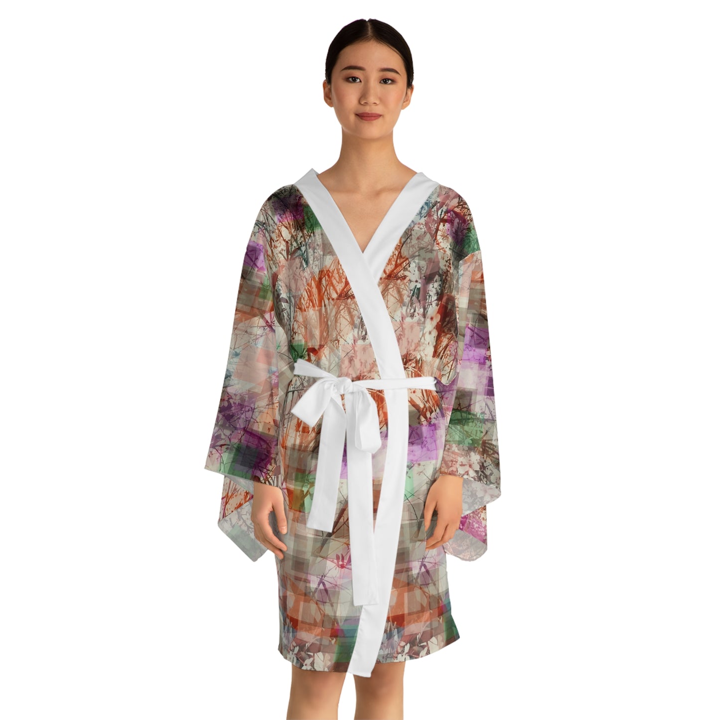 Dorothy:  White trim Floral Pattern Long Sleeve Kimono Robe - Cozy Lounge Wear for Relaxation