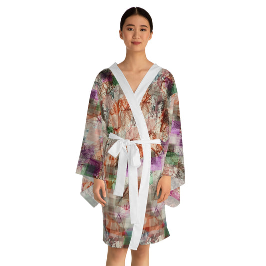 Dorothy:  White trim Floral Pattern Long Sleeve Kimono Robe - Cozy Lounge Wear for Relaxation