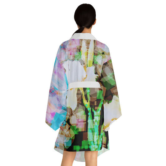 Iris:  Floral Long Sleeve Kimono Style Robe, Lightweight Lounge Wear, Spa Gift, Summer Cover-Up, Bohemian Style Robe, Relaxation Apparel