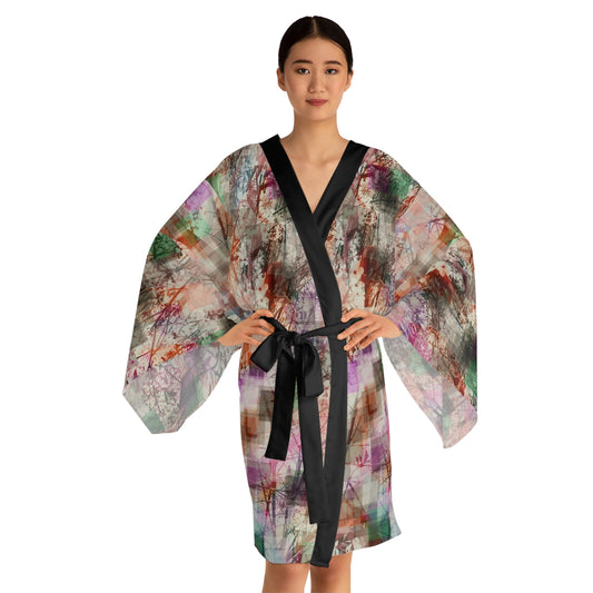 Dorothy II:  Blk Trim Bohemian Long Sleeve Kimono Robe - Elegant Floral Design for Relaxation & Style