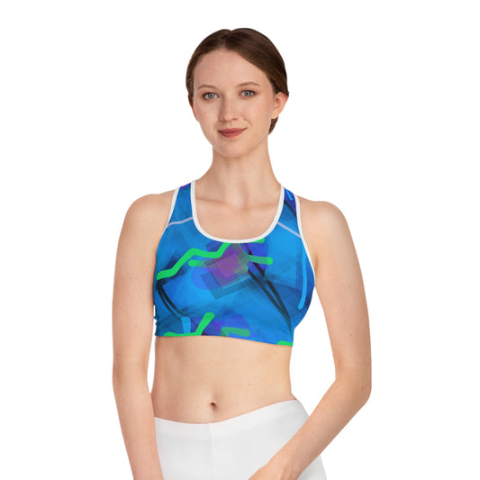 Gee Wiz I: WH Trim; Colorful 80's Vibes Abstract Sports Bra for Active Living