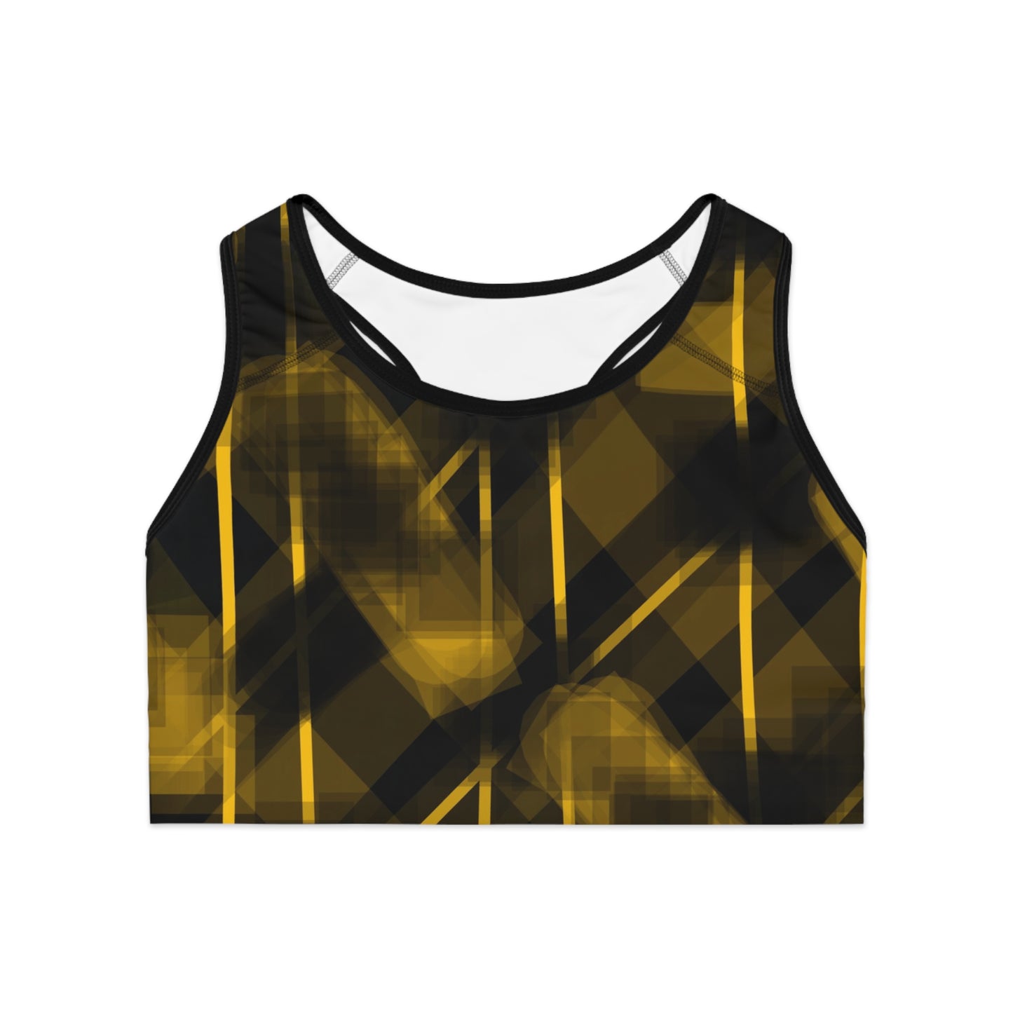 Olga II: BLK Trim Bold Yellow Abstract Sports Bra for Active Women