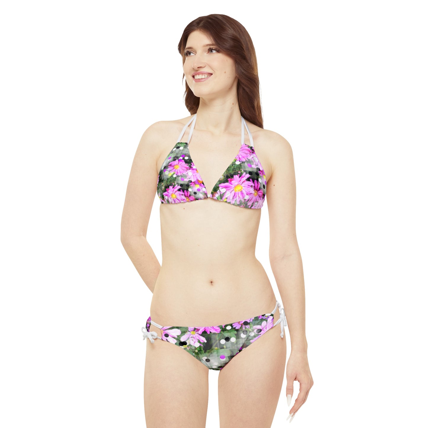 Pink Daisies Swim: Strappy Bikini Set (AOP)