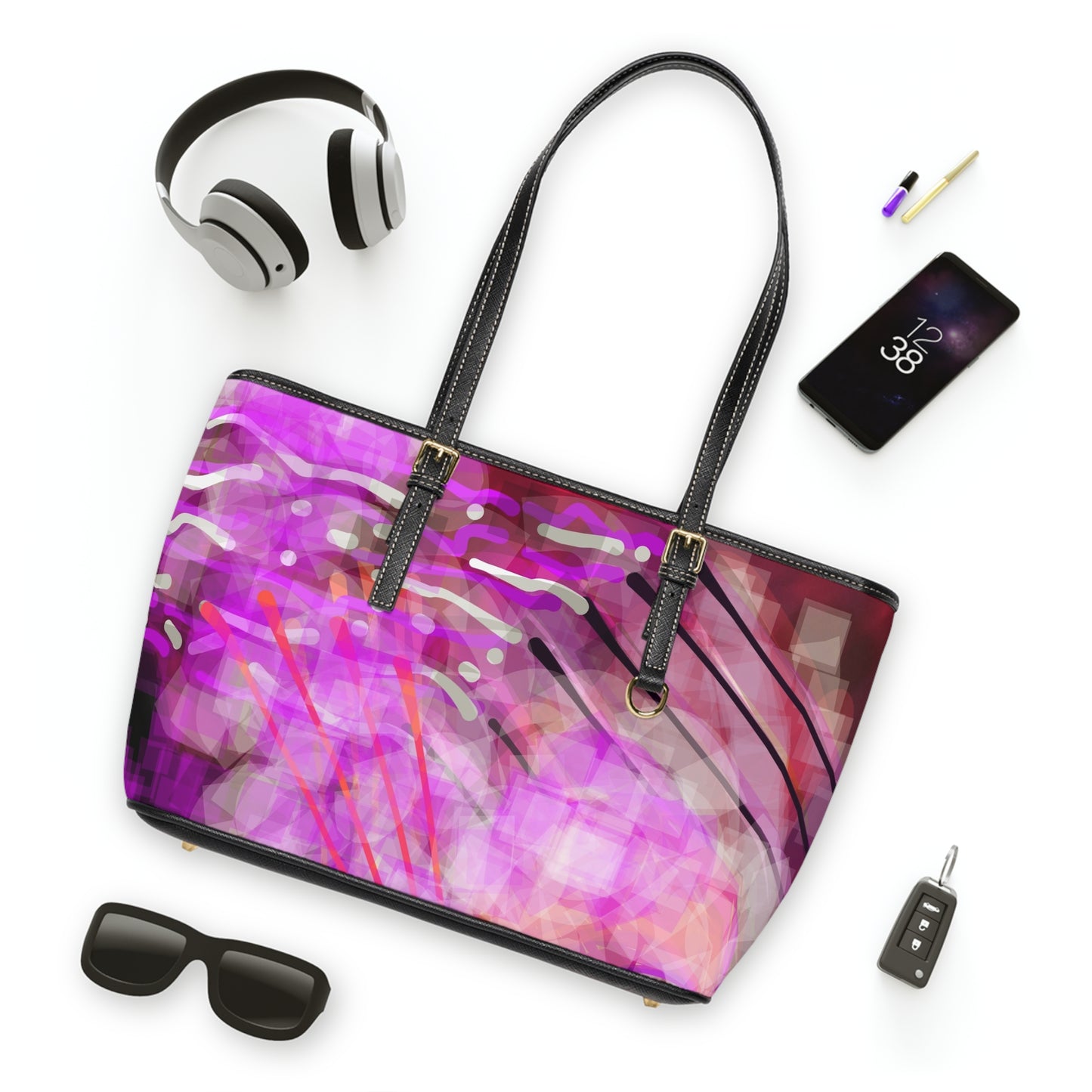 Gilda:    Chic PU Leather Shoulder Bag with Abstract Pink Design