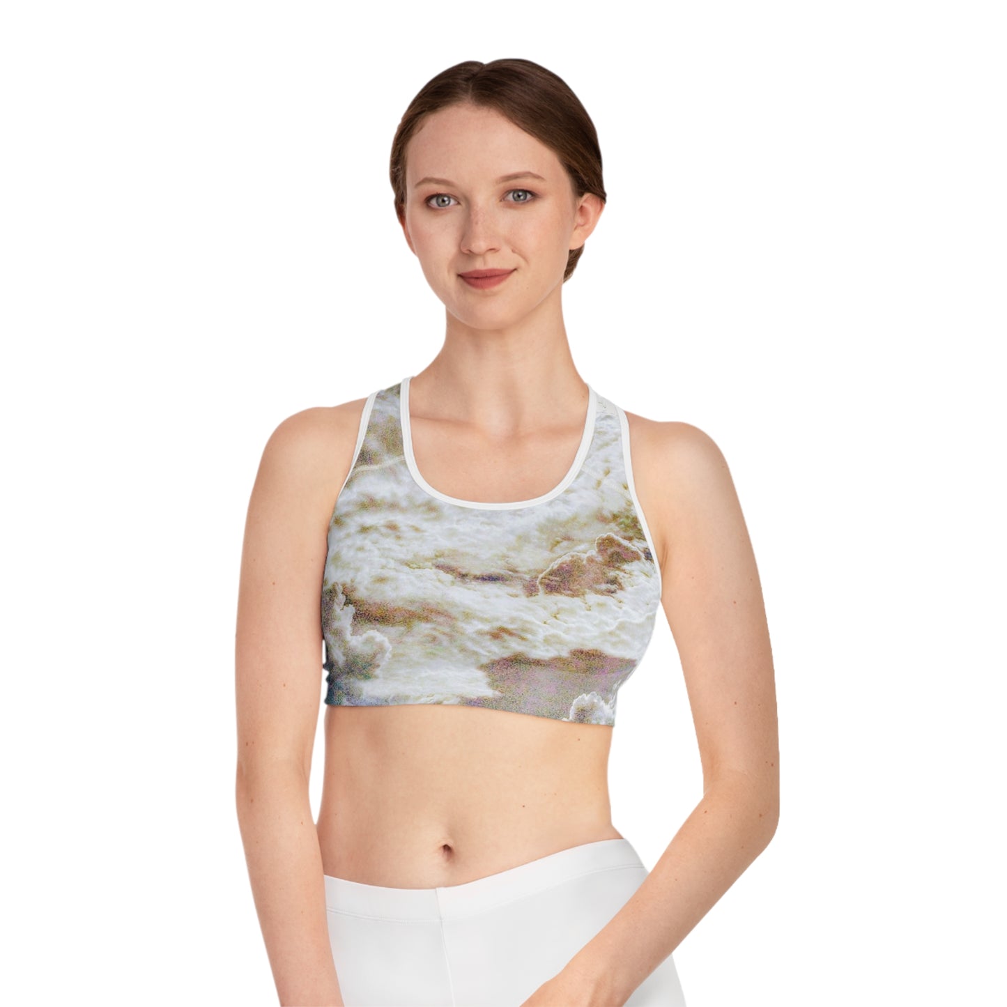 Portalis I: WH Trim; Ethereal Vibes Sports Bra, Activewear Top for Fitness, Running, Beach Days, Unique AOP Design