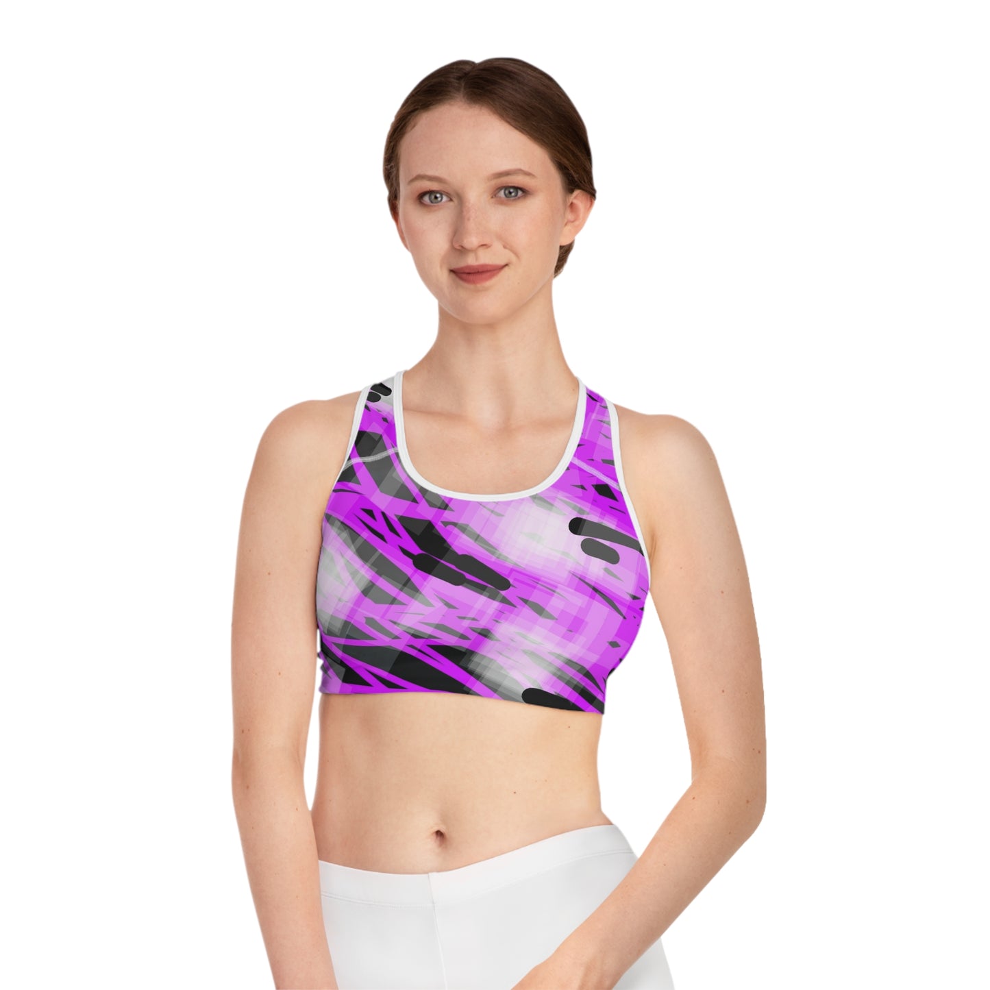 Juliet-Marie I: WH Trim; Chic Abstract Print Sports Bra - Stylish Activewear for Fitness Enthusiasts
